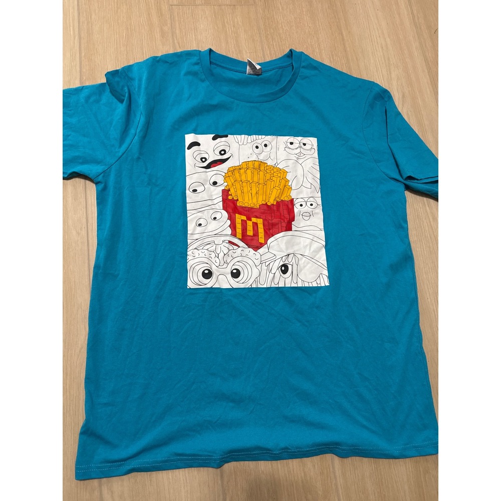 McDonalds Mens XL Turquoise Blue Graphic T-Shirt French Fries Characters